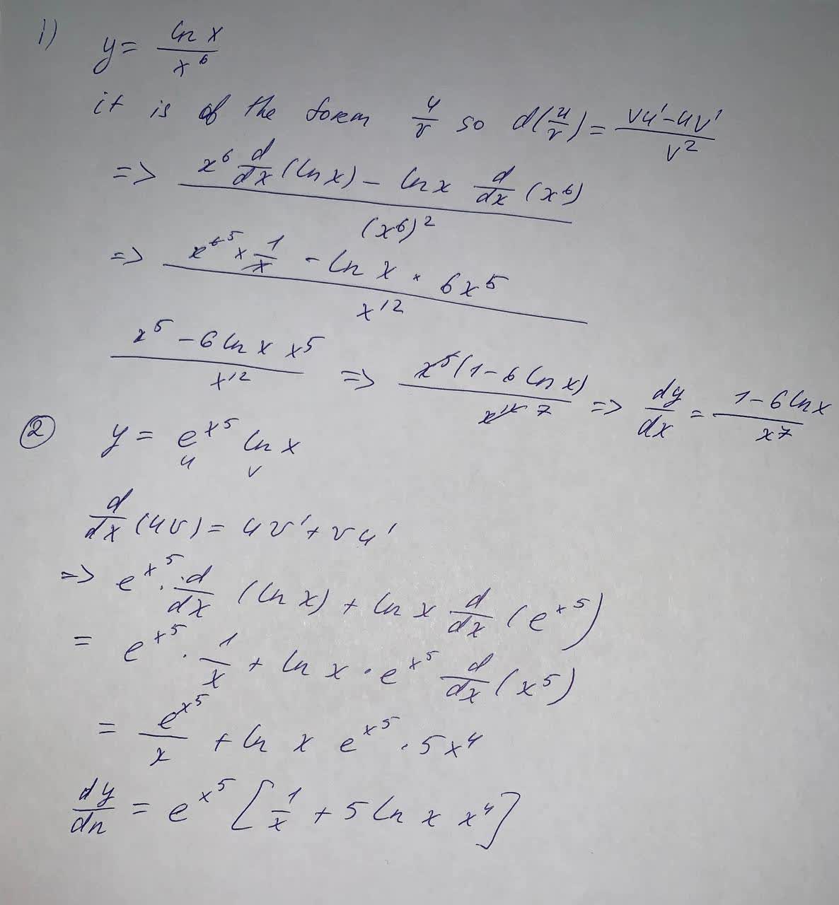 Find The Derivative Y Frac Ln X X 6 Y E X 5 Ln X Find The Indicated Derivative Of Plainmath